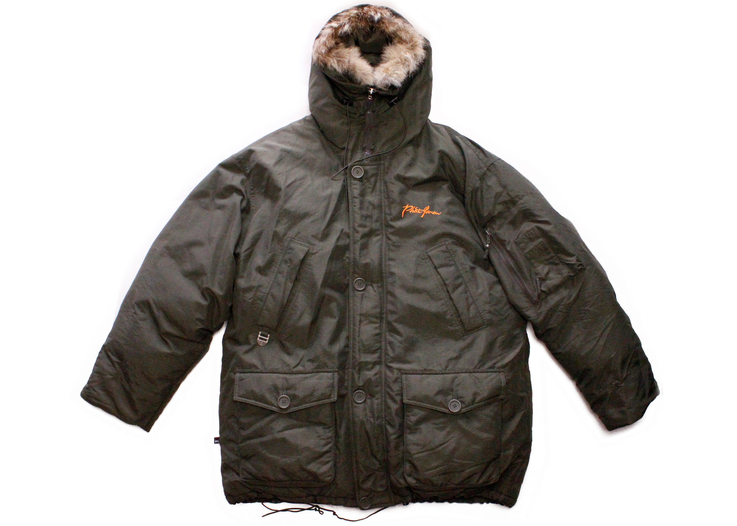 Phat Farm Army Green Puffer Coat Down Filled Parka with Detachable Coyote Fur Hood Trim