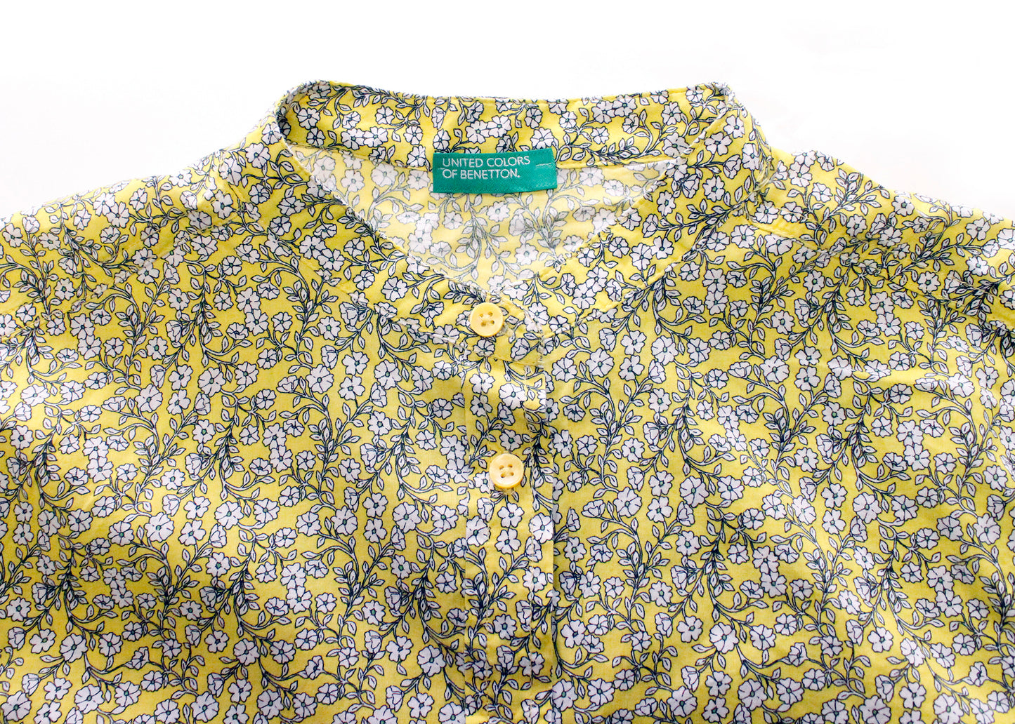 United Colors of Benetton Yellow Floral Long Sleeve Collarless Blouse, Size Small