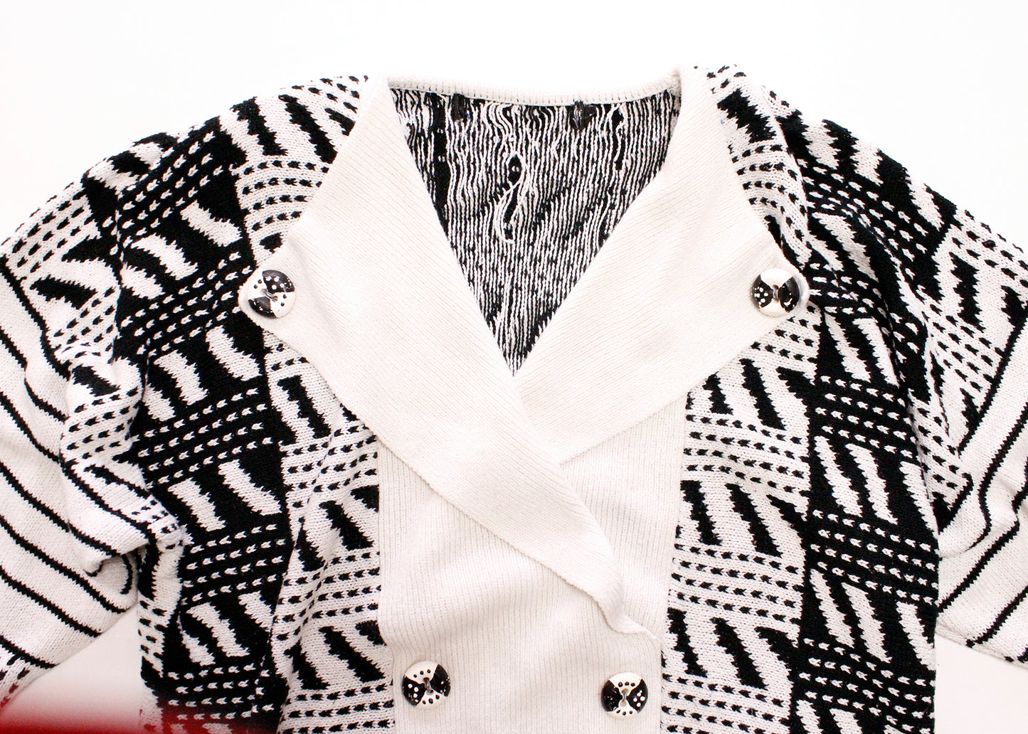 1990s Black & White Schoolteacher Sweater with Hand Painted Buttons