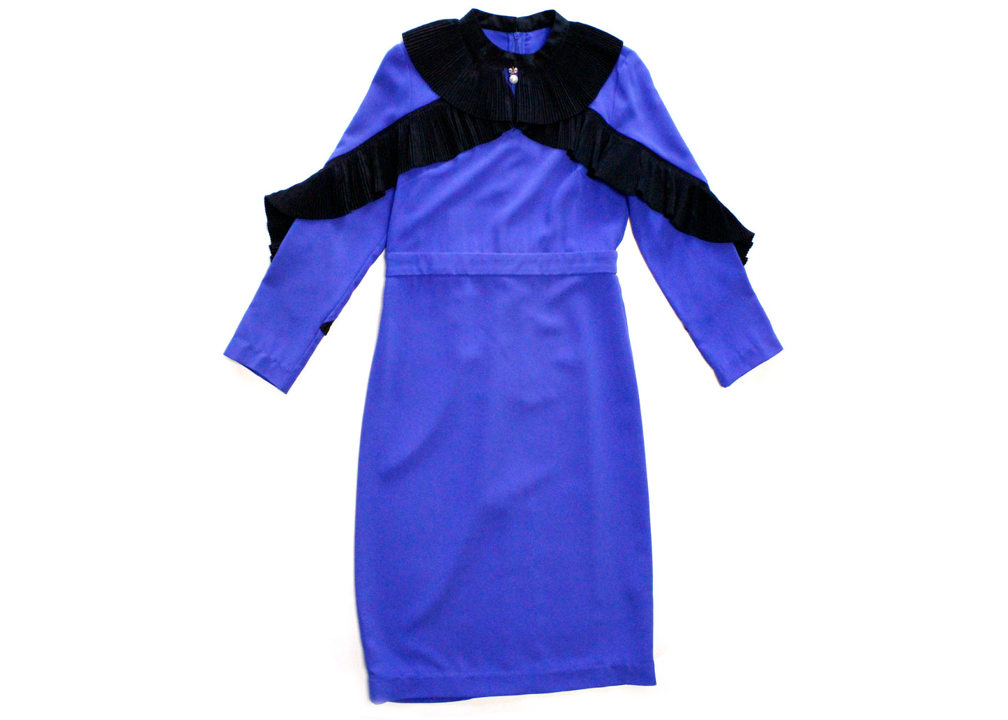 Western '80s Royal Blue Dress with Pleated Black Trim & Pearl Accent