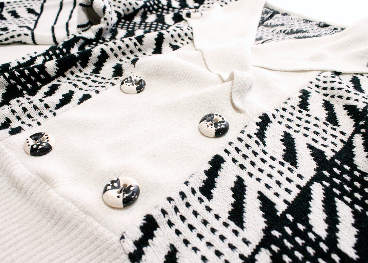 1990s Black & White Schoolteacher Sweater with Hand Painted Buttons