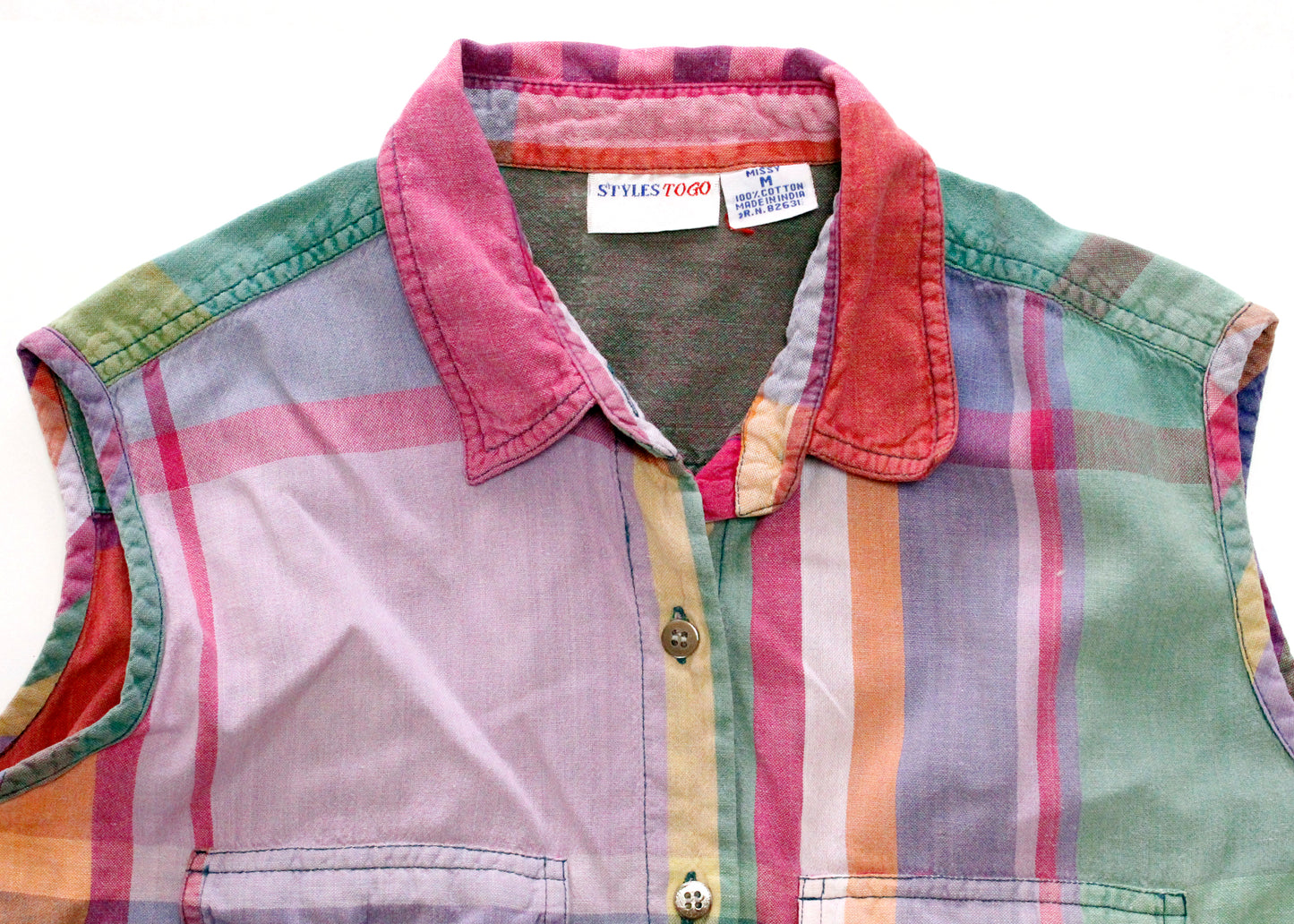 Vintage ‘90s Cotton Pastel Sleeveless Collard Button Up Shirt by Styles To Go