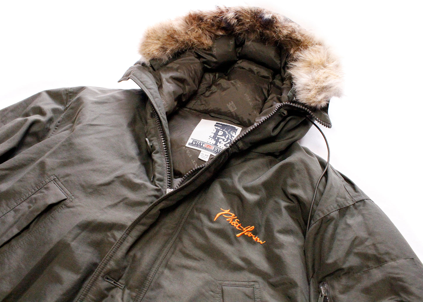 Phat Farm Army Green Puffer Coat Down Filled Parka with Detachable Coyote Fur Hood Trim