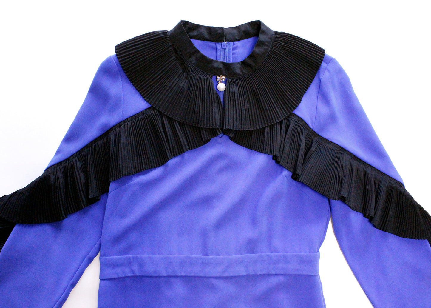 Western '80s Royal Blue Dress with Pleated Black Trim & Pearl Accent