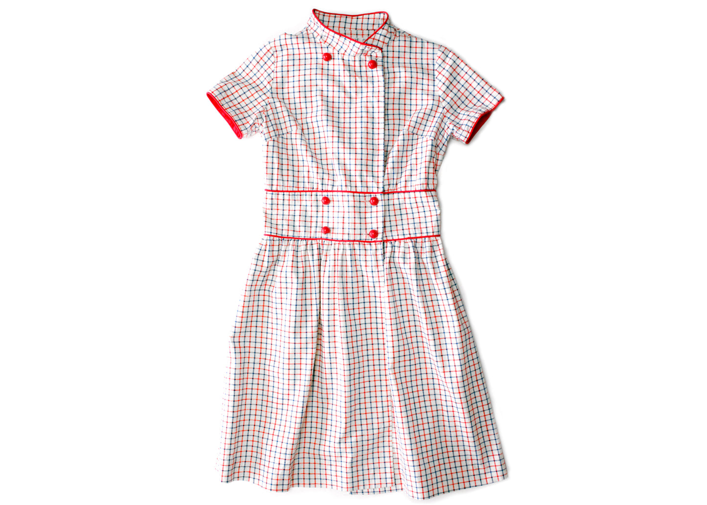 Lori Till Early 1960s Vintage White, Red, Blue Windowpane Check Fit & Flare Dress