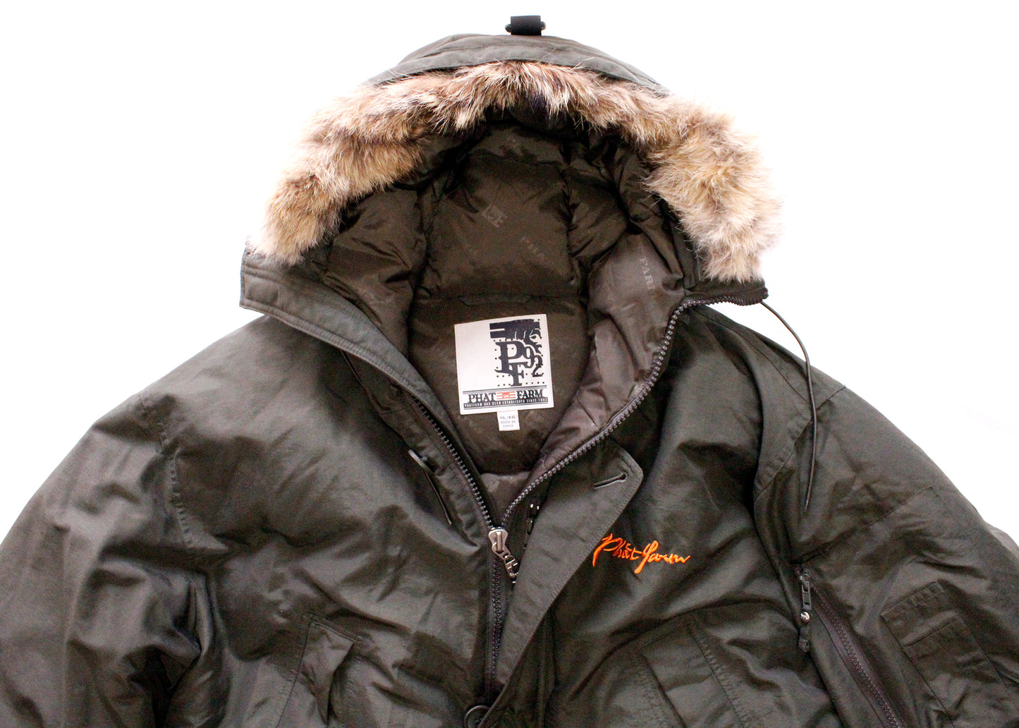 Phat Farm Army Green Puffer Coat Down Filled Parka with Detachable Coyote Fur Hood Trim