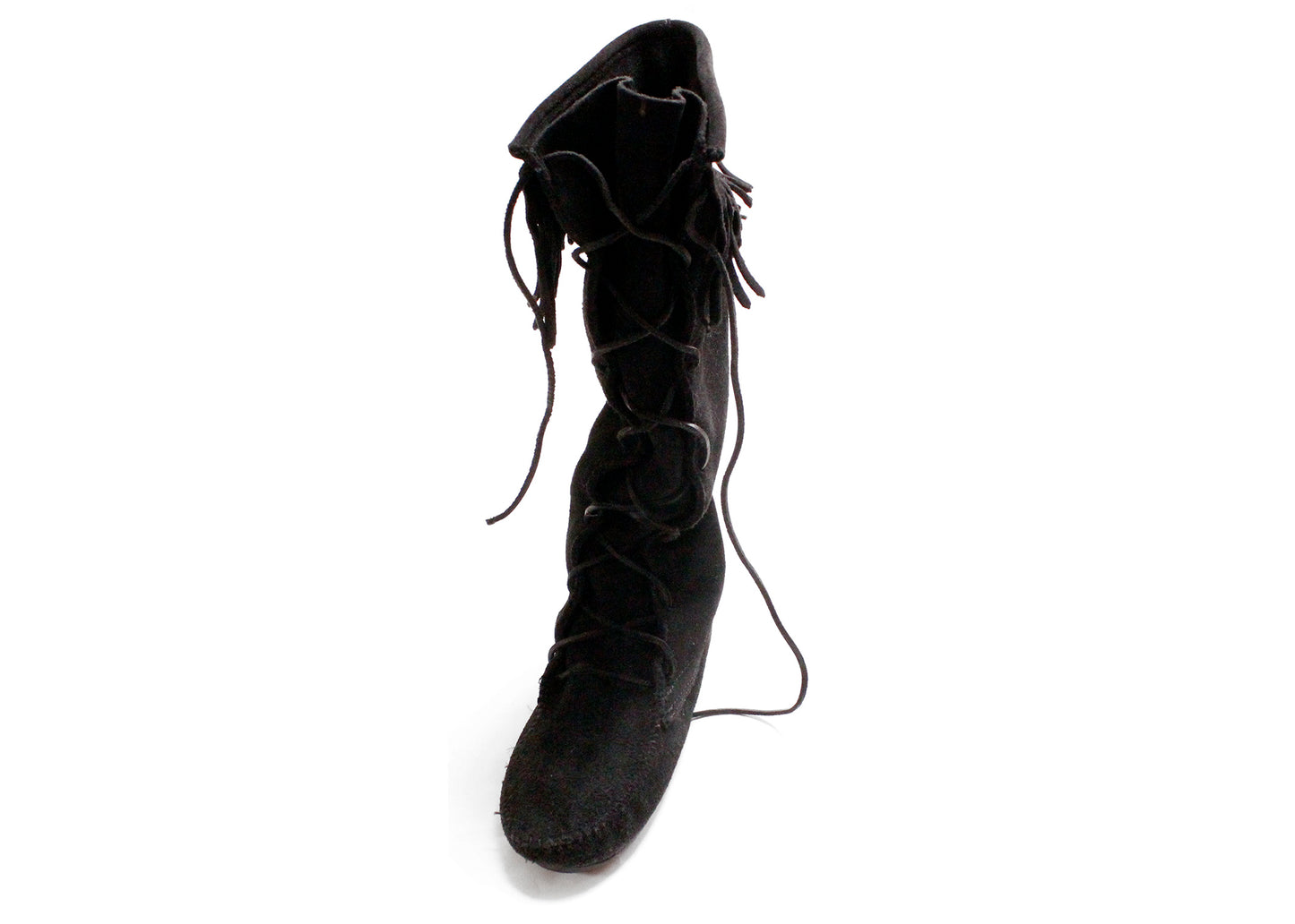 Minnetonka Moccasins Black Suede Fringe Knee High Lace Up Boots, Size 10