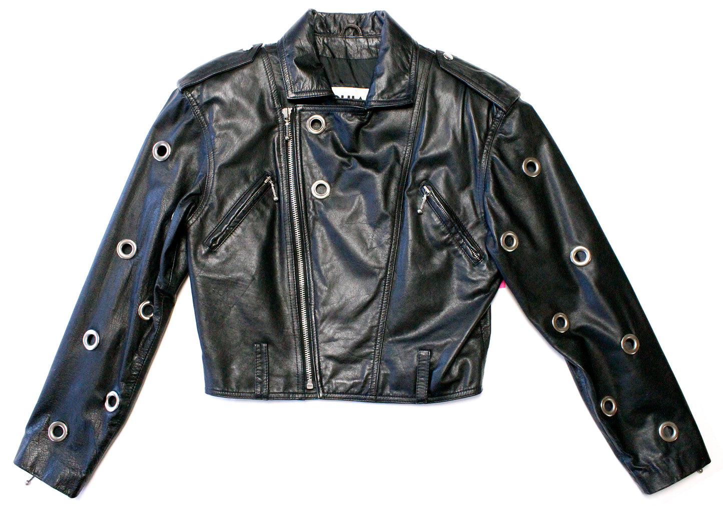 Chia 1980s Black Leather Crop Jacket with Grommeted Sleeves