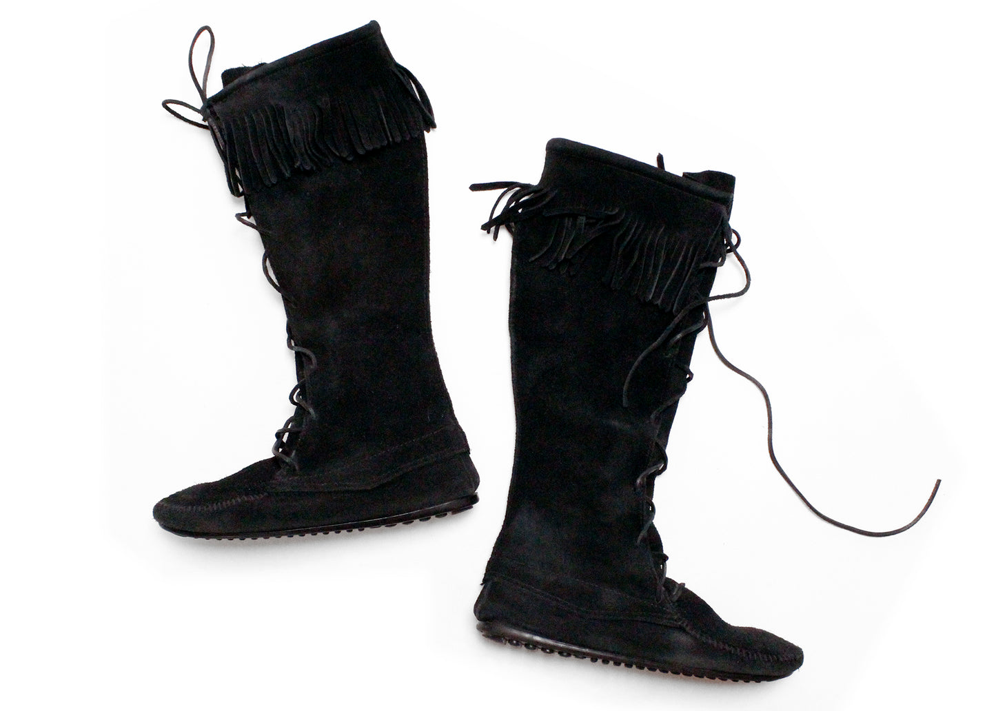 Minnetonka Moccasins Black Suede Fringe Knee High Lace Up Boots, Size 10