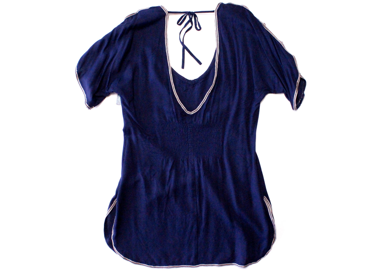 Free People Navy Blue Top with Cutout Shoulders & Silver Appliqué