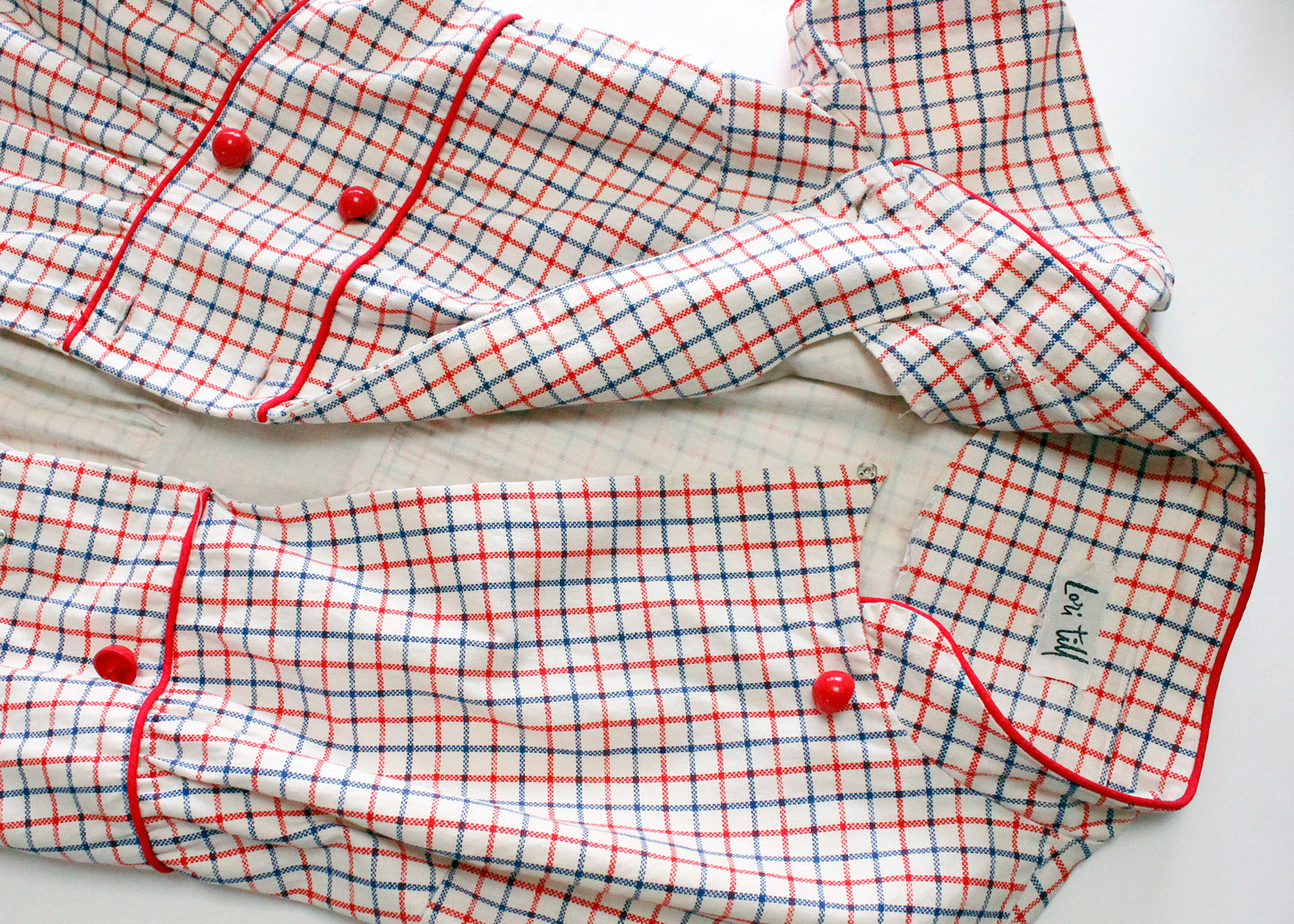 Lori Till Early 1960s Vintage White, Red, Blue Windowpane Check Fit & Flare Dress