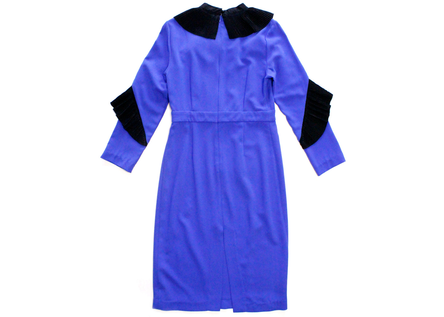 Western '80s Royal Blue Dress with Pleated Black Trim & Pearl Accent