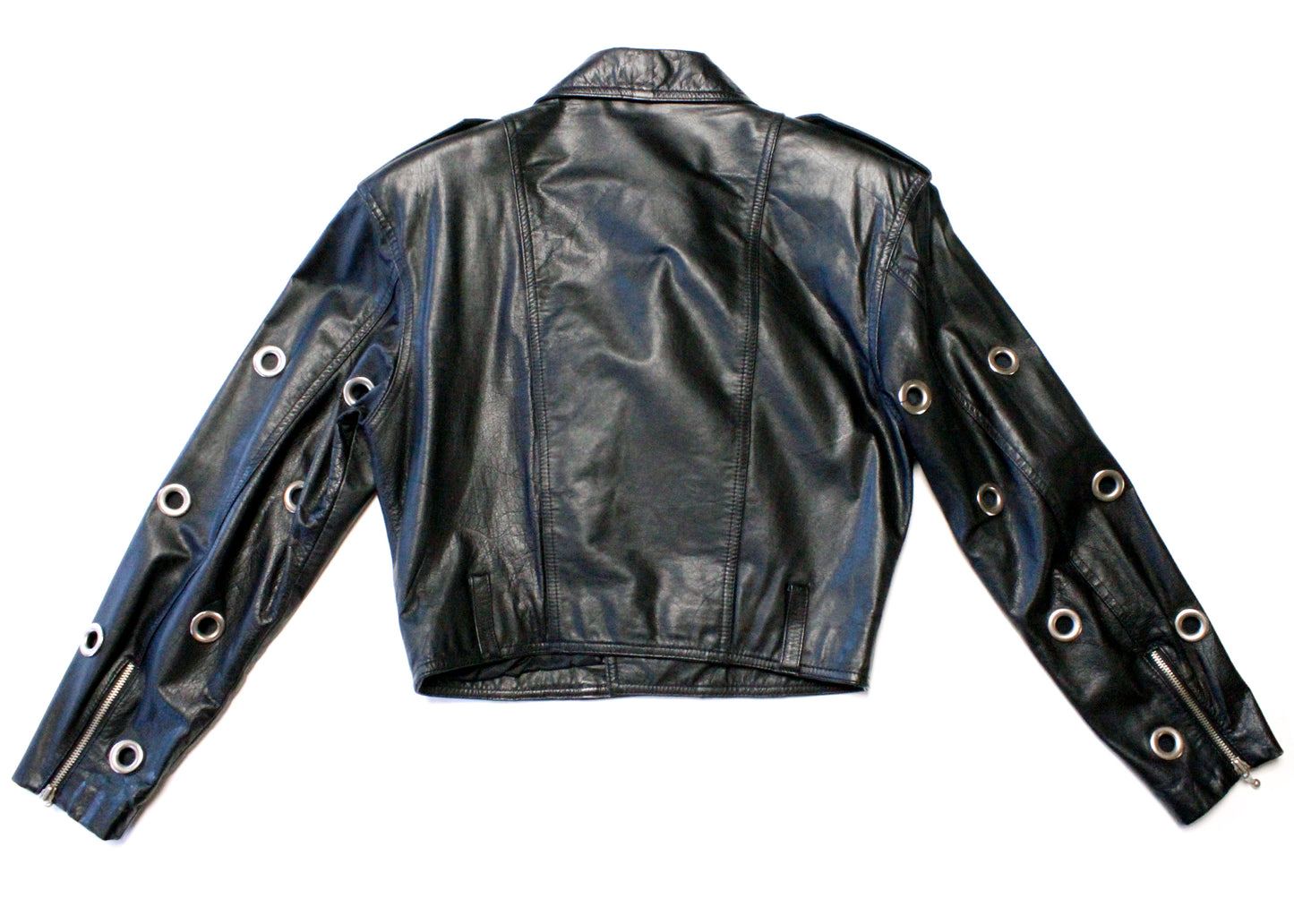 Chia 1980s Black Leather Crop Jacket with Grommeted Sleeves