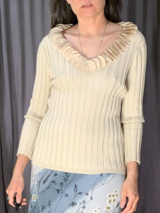 Prominence Y2K Modern Ecru Silk Blend Embellished V-Neck Rib Knit Sweater