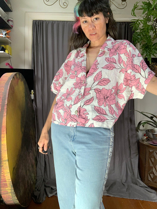 Marc New York Pink & White Floral Linen Blend Crop Blouse