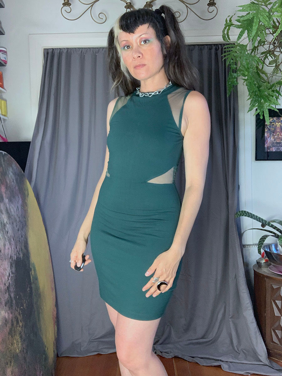 French Connection Teal Green Bodycon Dress with Mesh Insets
