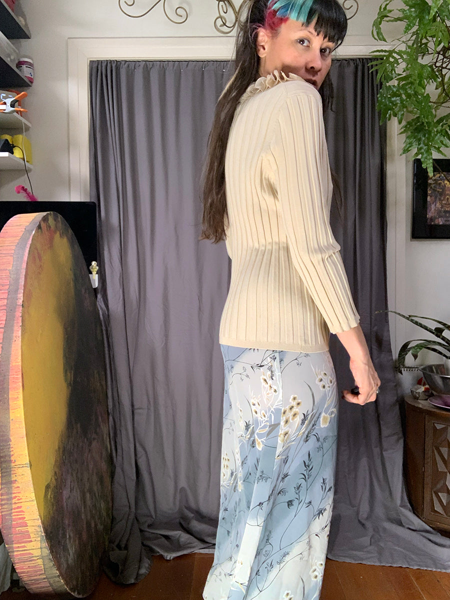 Prominence Y2K Modern Ecru Silk Blend Embellished V-Neck Rib Knit Sweater