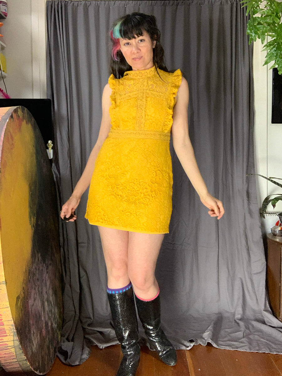 Aqua Yellow Lace Flutter Dress