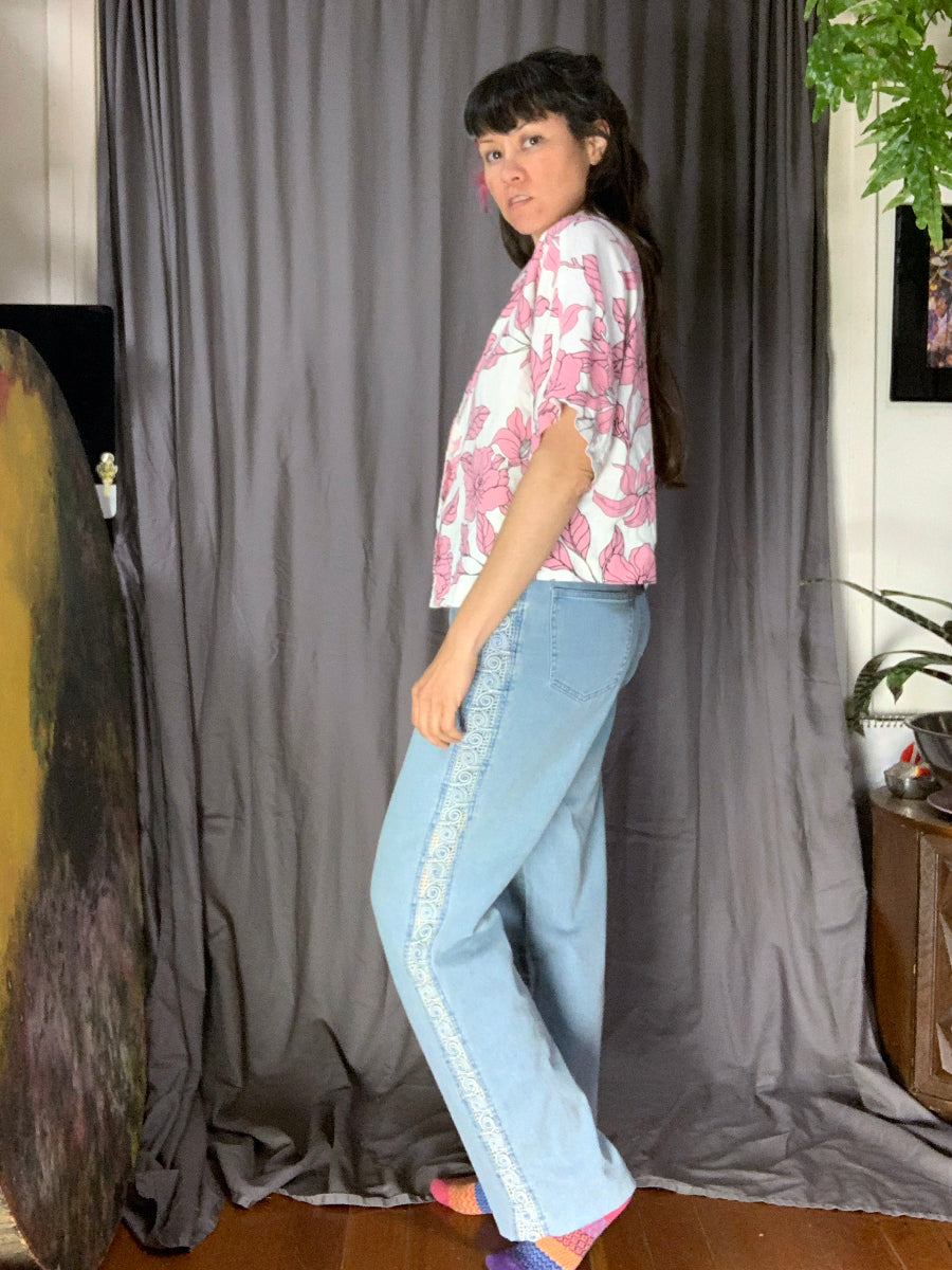 Marc New York Pink & White Floral Linen Blend Crop Blouse