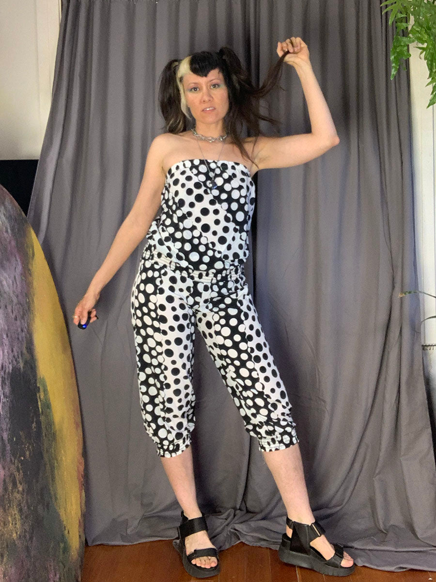 Va Va Voom Black & White Dots & Stripes Strapless Jumpsuit