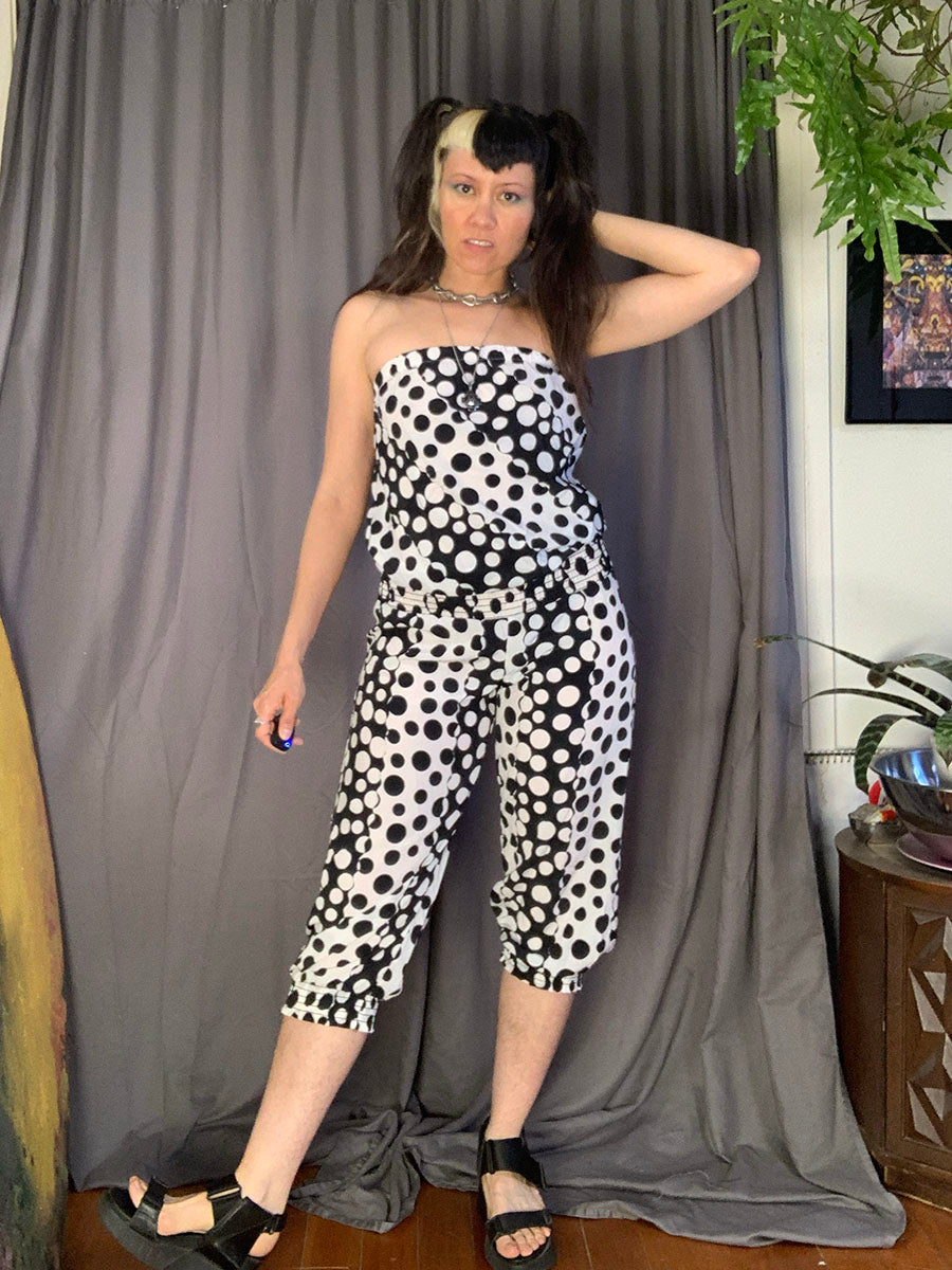 Va Va Voom Black & White Dots & Stripes Strapless Jumpsuit