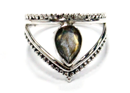 Teardrop Crown Ring in Sterling Silver & Labradorite
