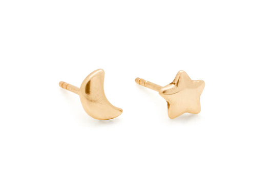 Moon & Star Stud Earrings in Gold