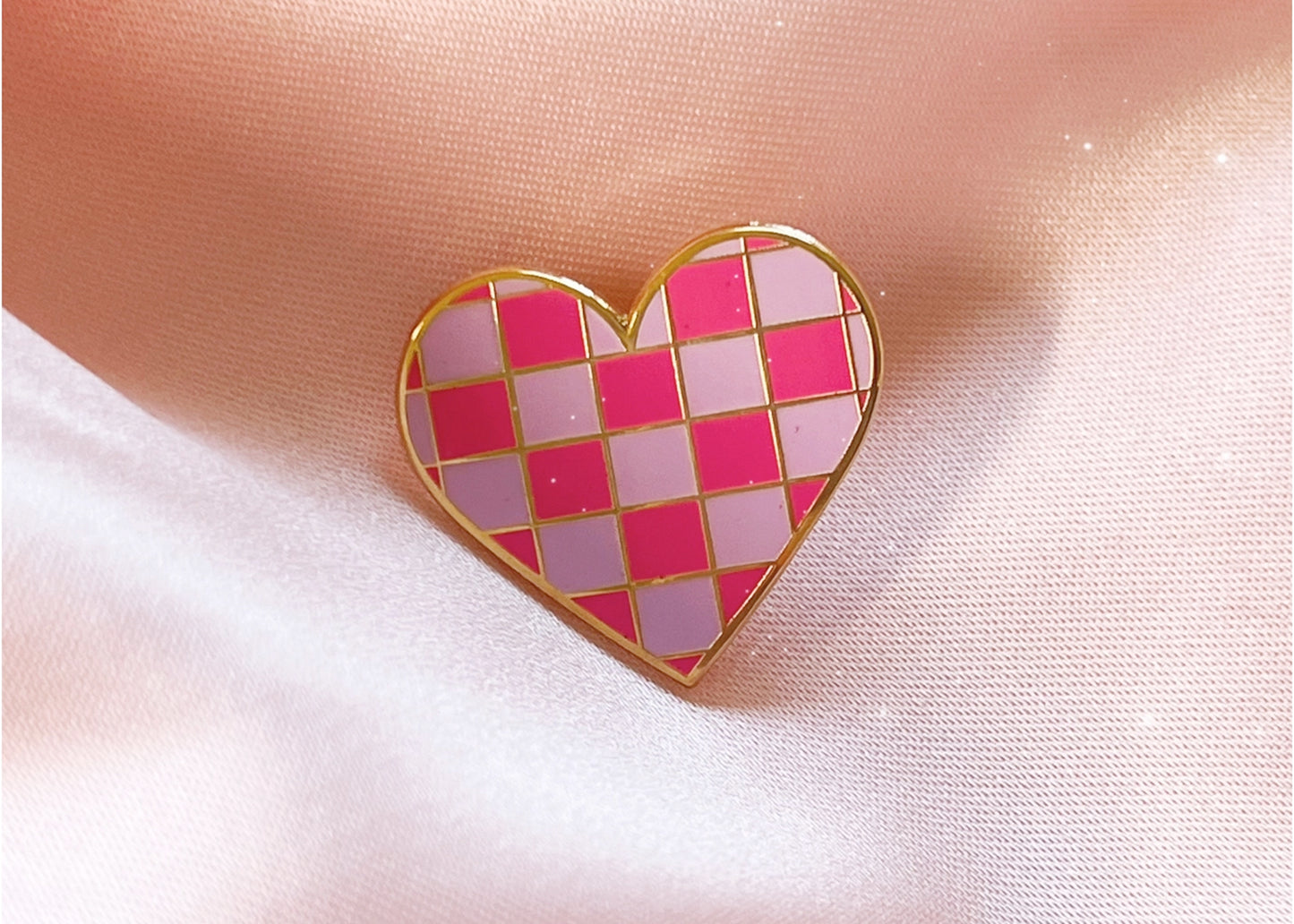 Checker Heart Enamel Pin in Pink