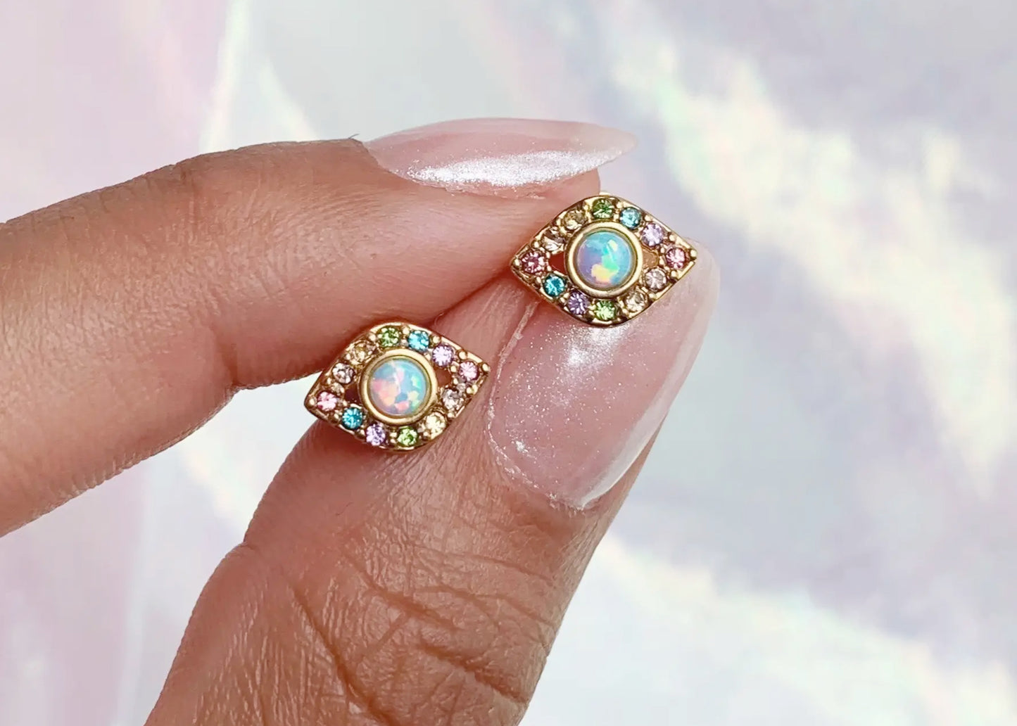 Evil Eye Stud Earrings in Opal & Pastel Pavé Crystal