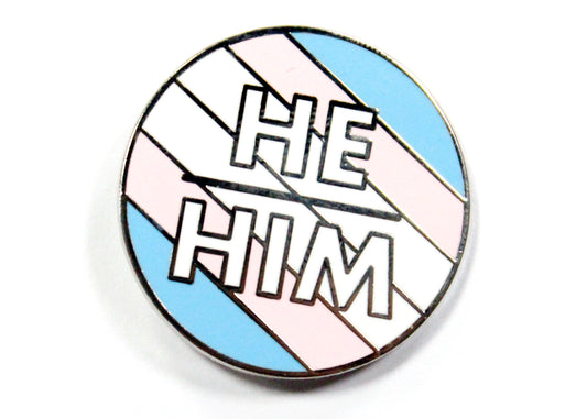 He/Him Pronouns Enamel Pin in Blue/Pink/White