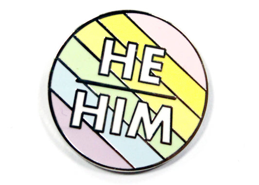 He/Him Pronouns Enamel Pin in Pastel Rainbow