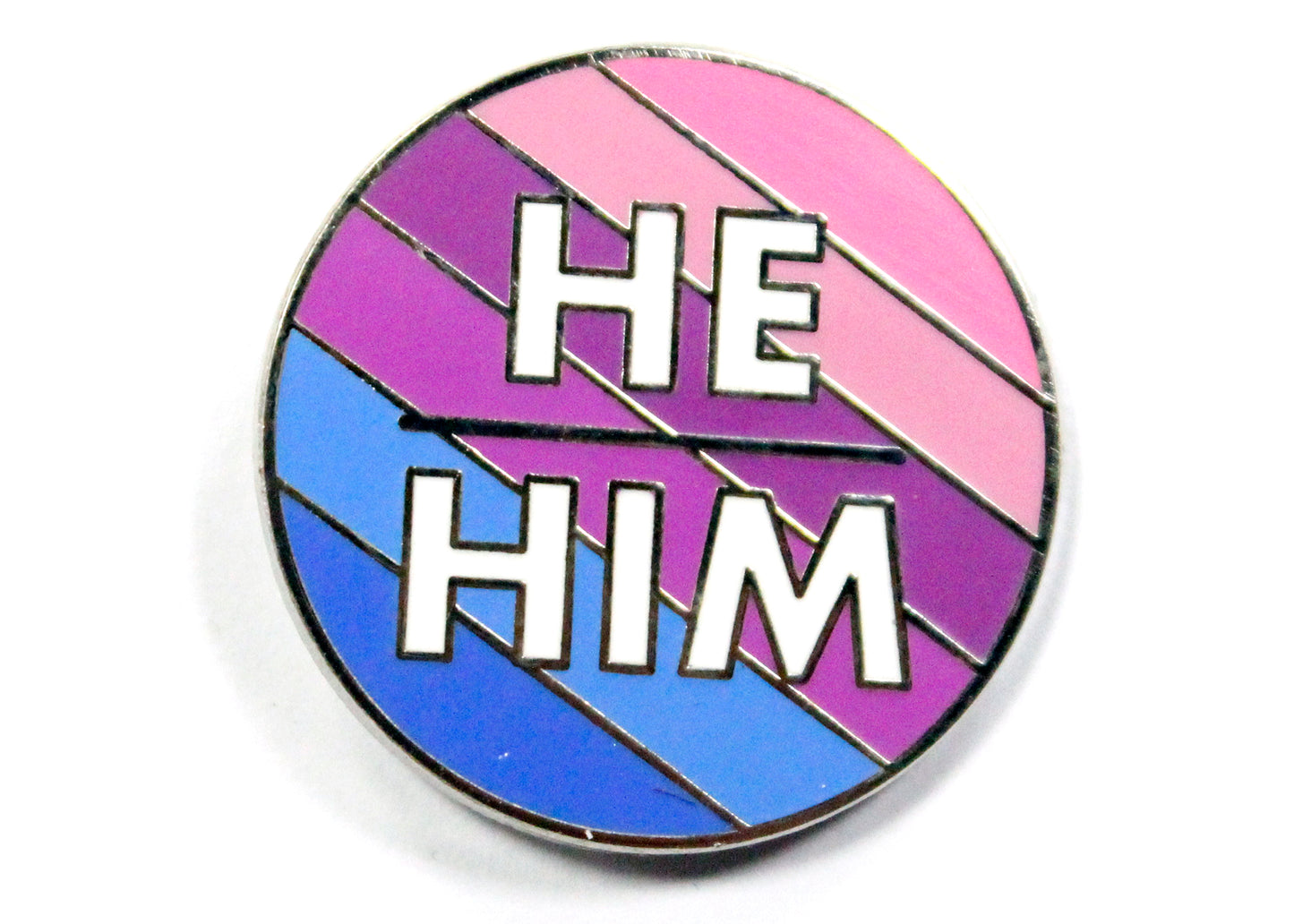 He/Him Pronouns Enamel Pin in Pink/Purple/Blue