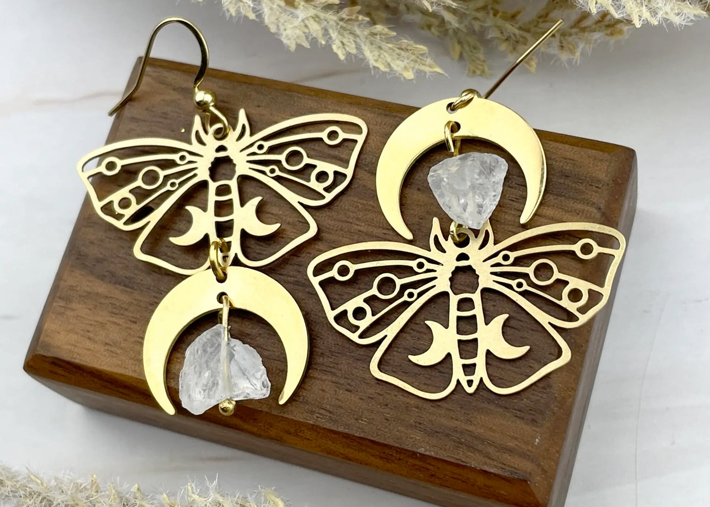 Moth & Moonphase Earrings in Gold