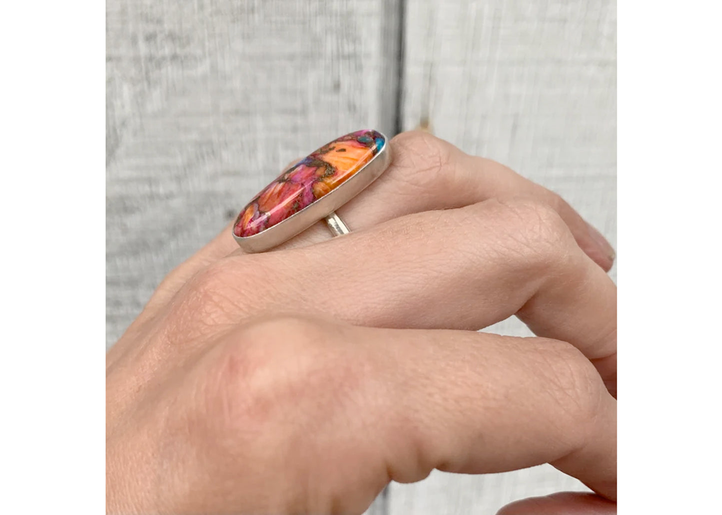Long Oval Cut Dahlia Copper Turquoise Ring